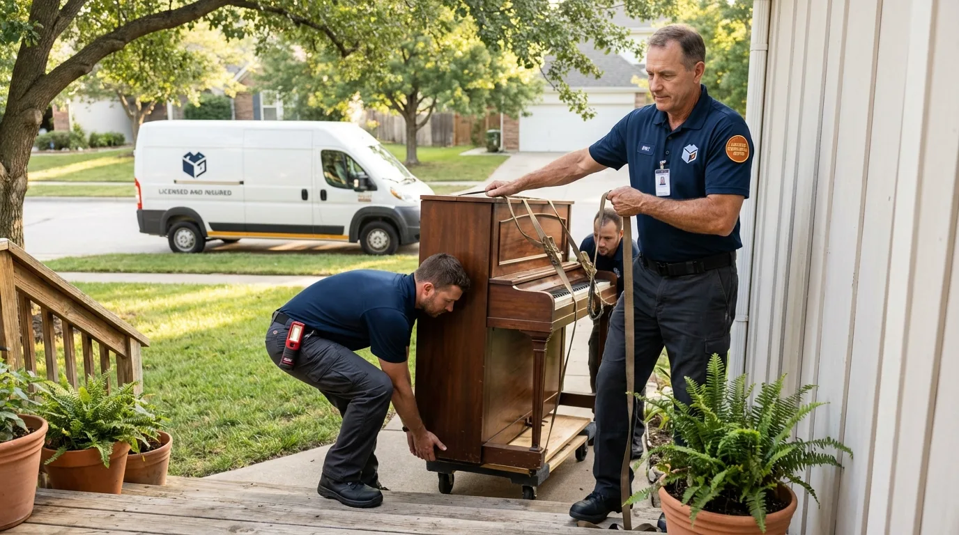 Licensed piano movers securing grand piano in Jersey Shore, PA