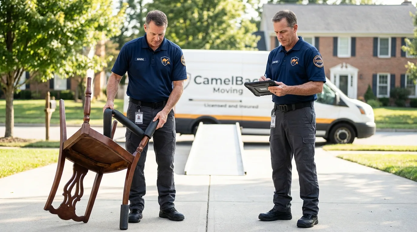 Movers inspecting furniture for damage prevention before loading in Jersey Shore, PA