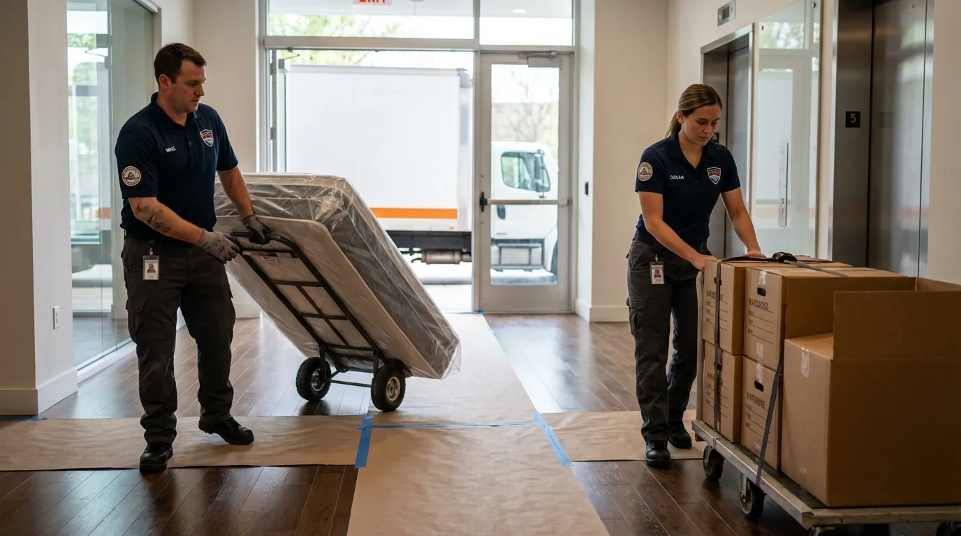 Professional apartment movers loading elevator in Jersey Shore, PA