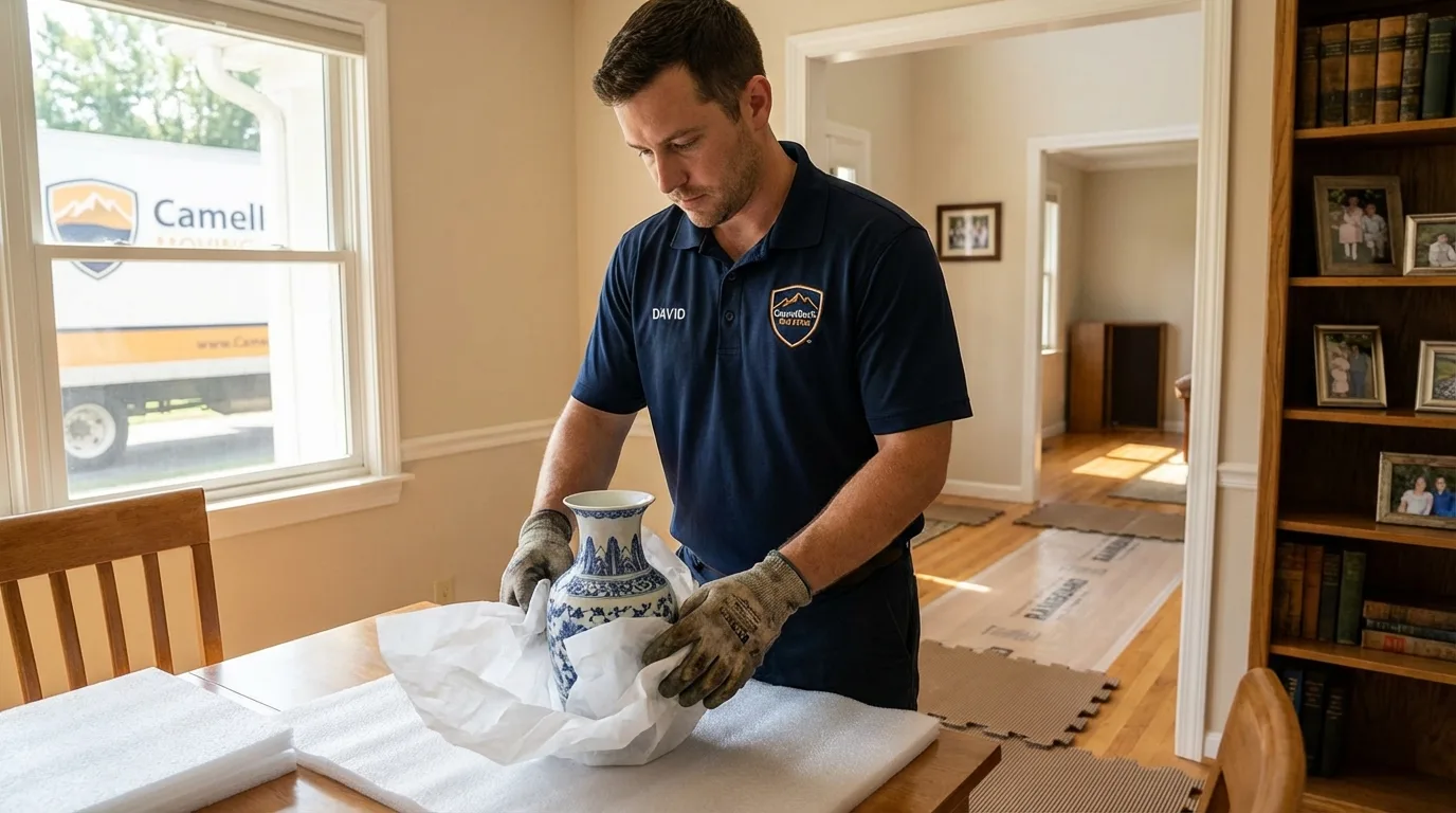 Professional crew carefully wrapping antique vase for senior downsizing move in Jersey Shore, PA